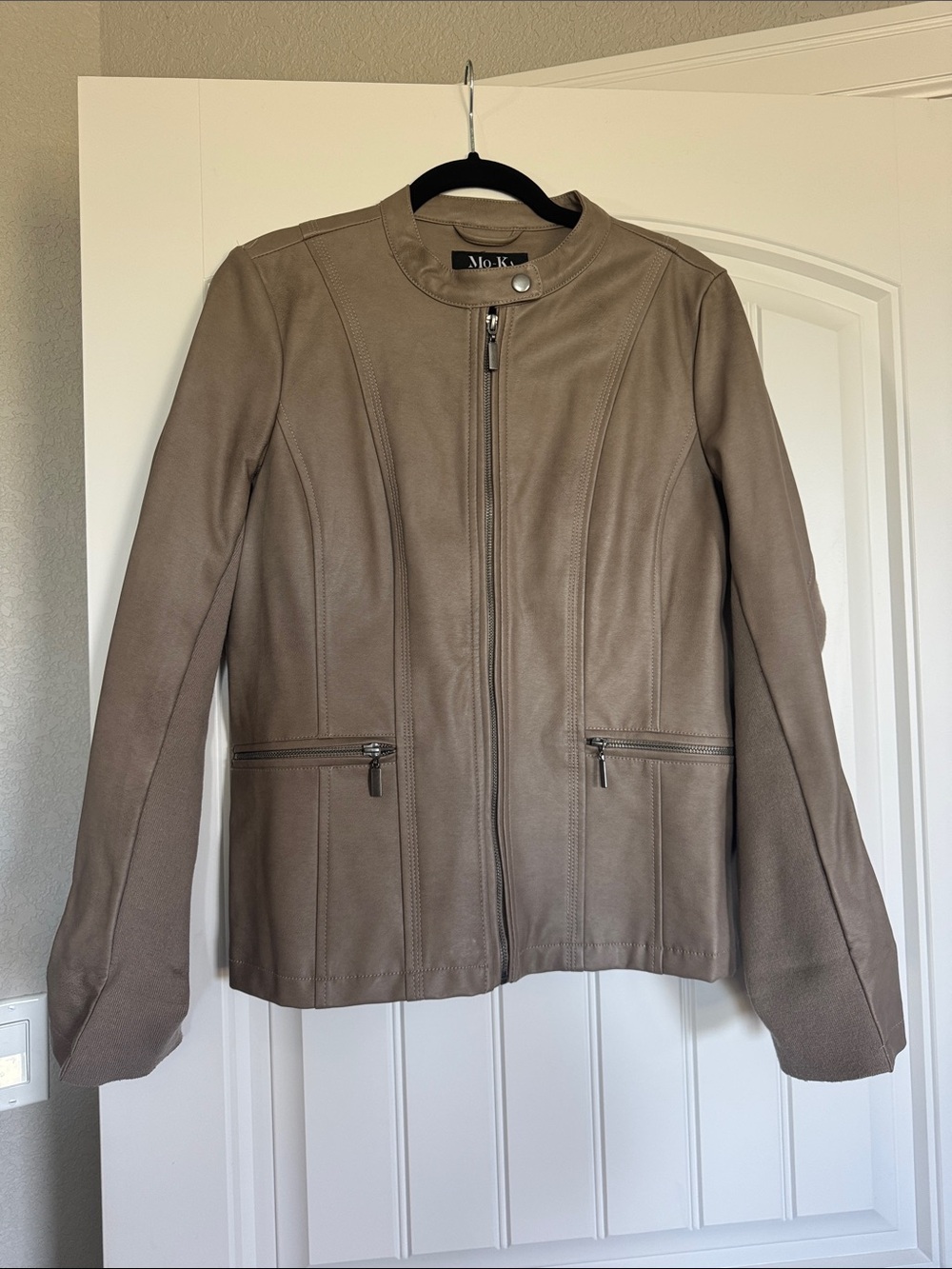 Mo-Ka Taupe Faux Leather Zip Front Jacket